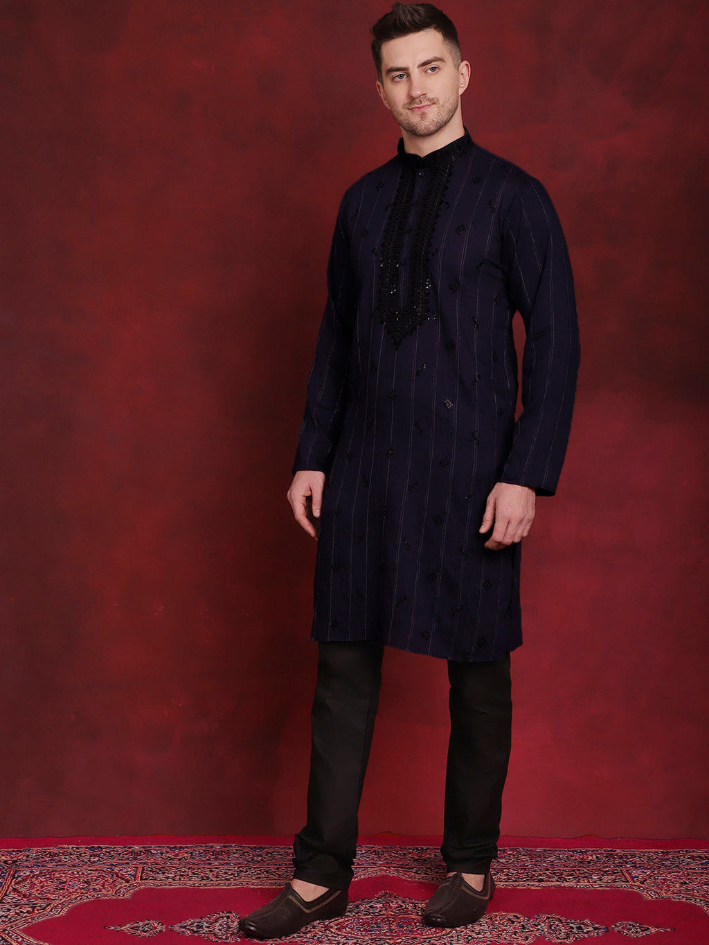 Jompers Men's Sequins Embroidered Kurta - Navy Blue