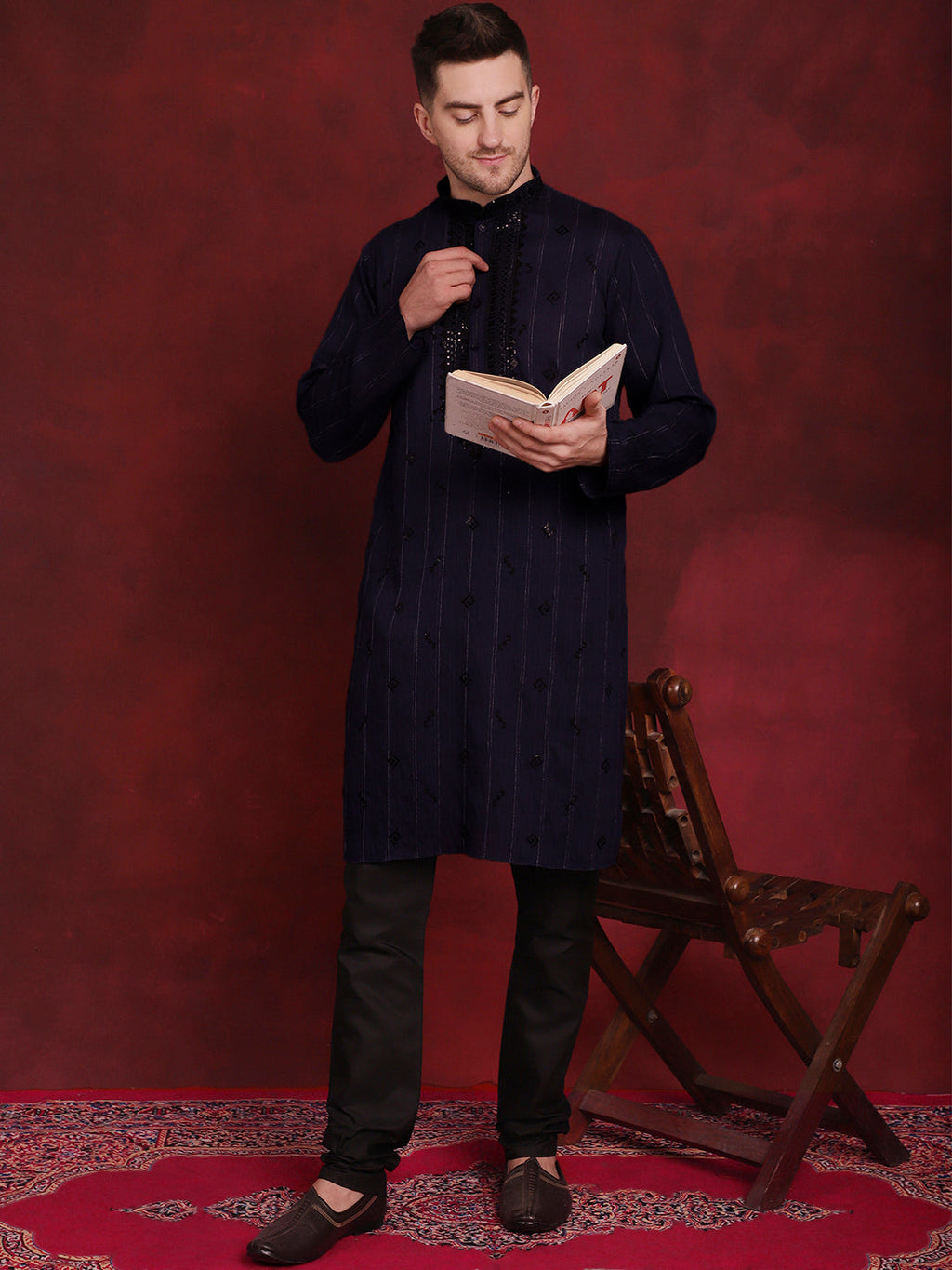 Jompers Men's Sequins Embroidered Kurta - Navy Blue