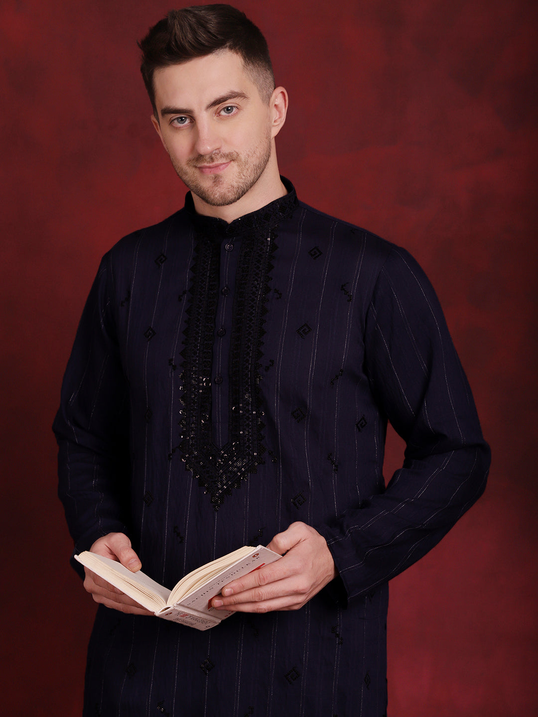 Jompers Men's Sequins Embroidered Kurta - Navy Blue