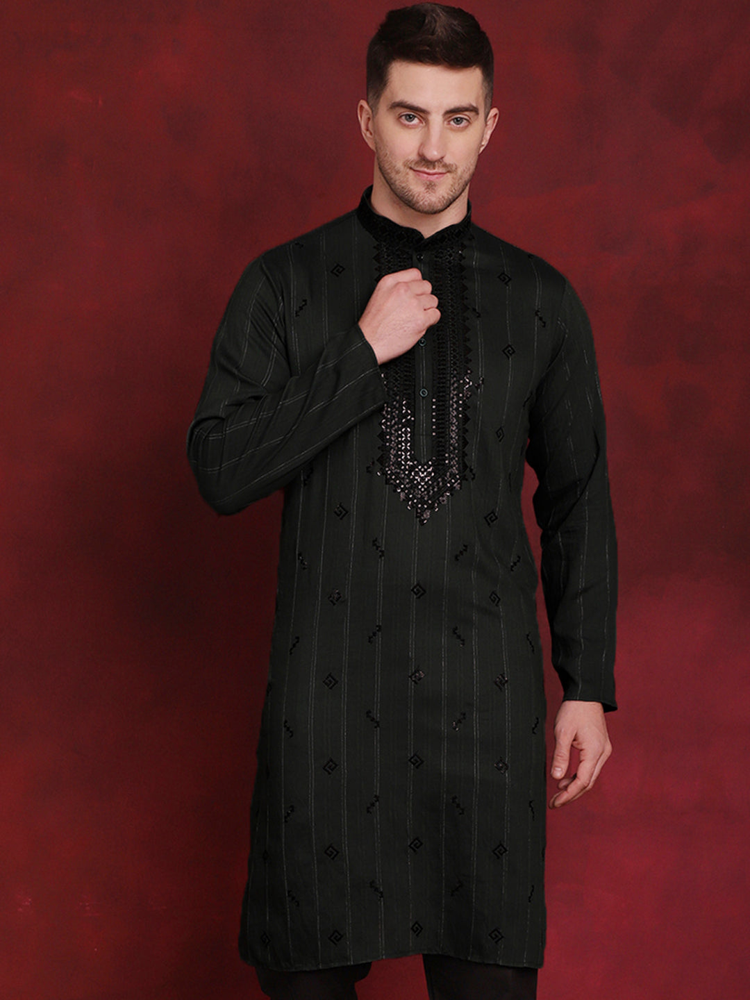 Jompers Men's Sequins Embroidered Kurta - Olive