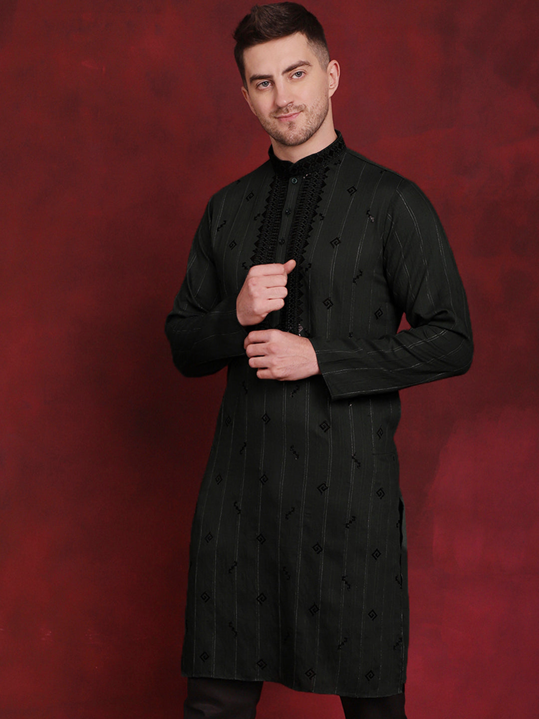 Jompers Men's Sequins Embroidered Kurta - Olive