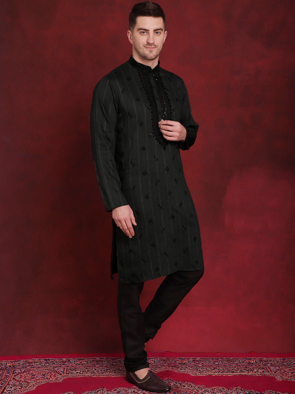 Jompers Men's Sequins Embroidered Kurta - Olive