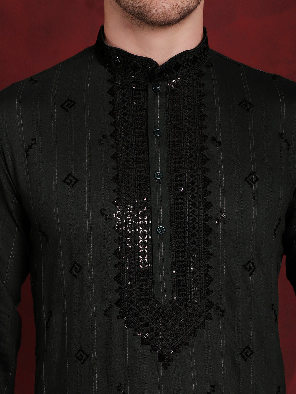 Jompers Men's Sequins Embroidered Kurta - Olive