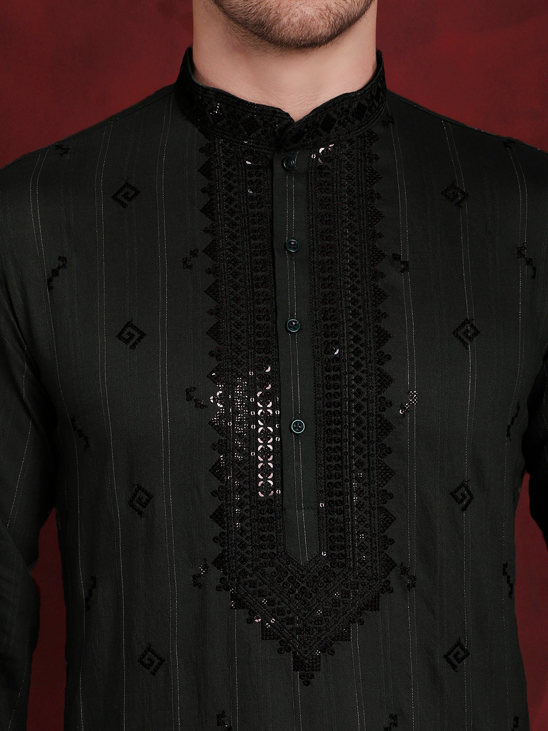 Jompers Men's Sequins Embroidered Kurta - Olive