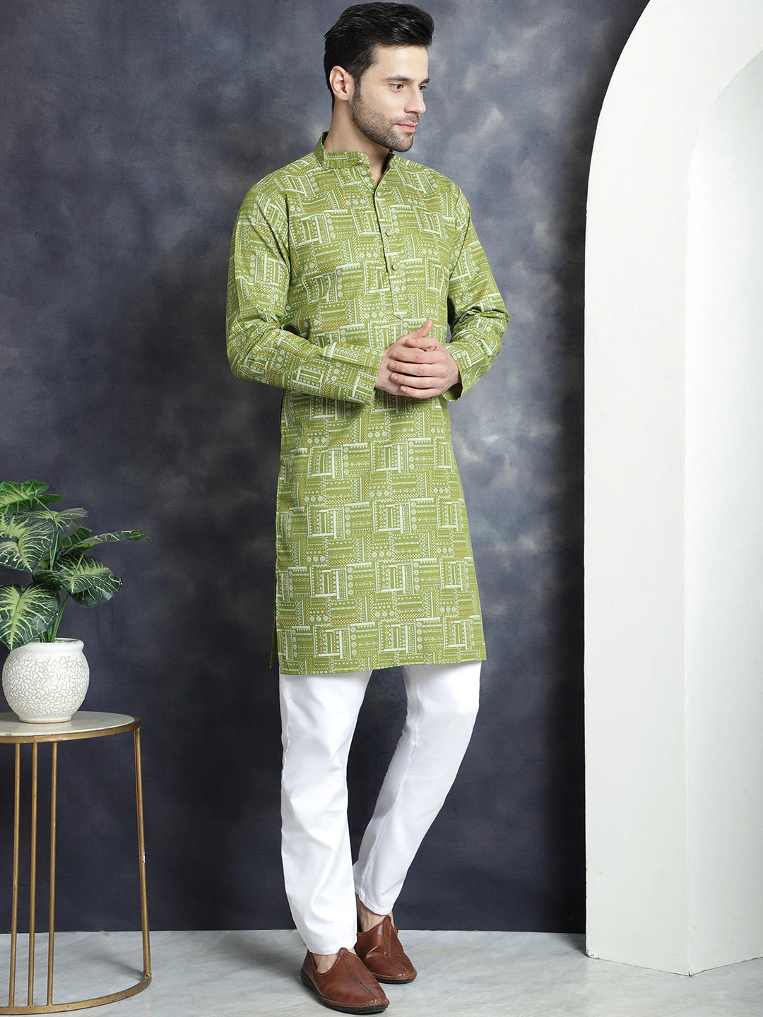 Jompers Men's Printed Kurta - Olive
