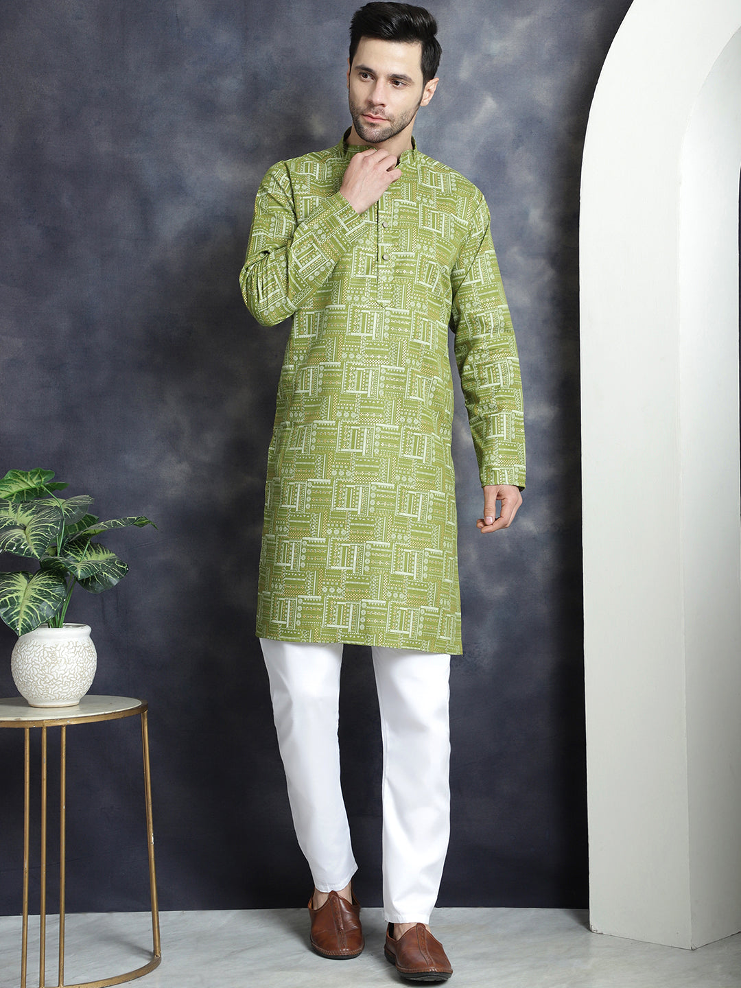 Jompers Men's Printed Kurta - Olive