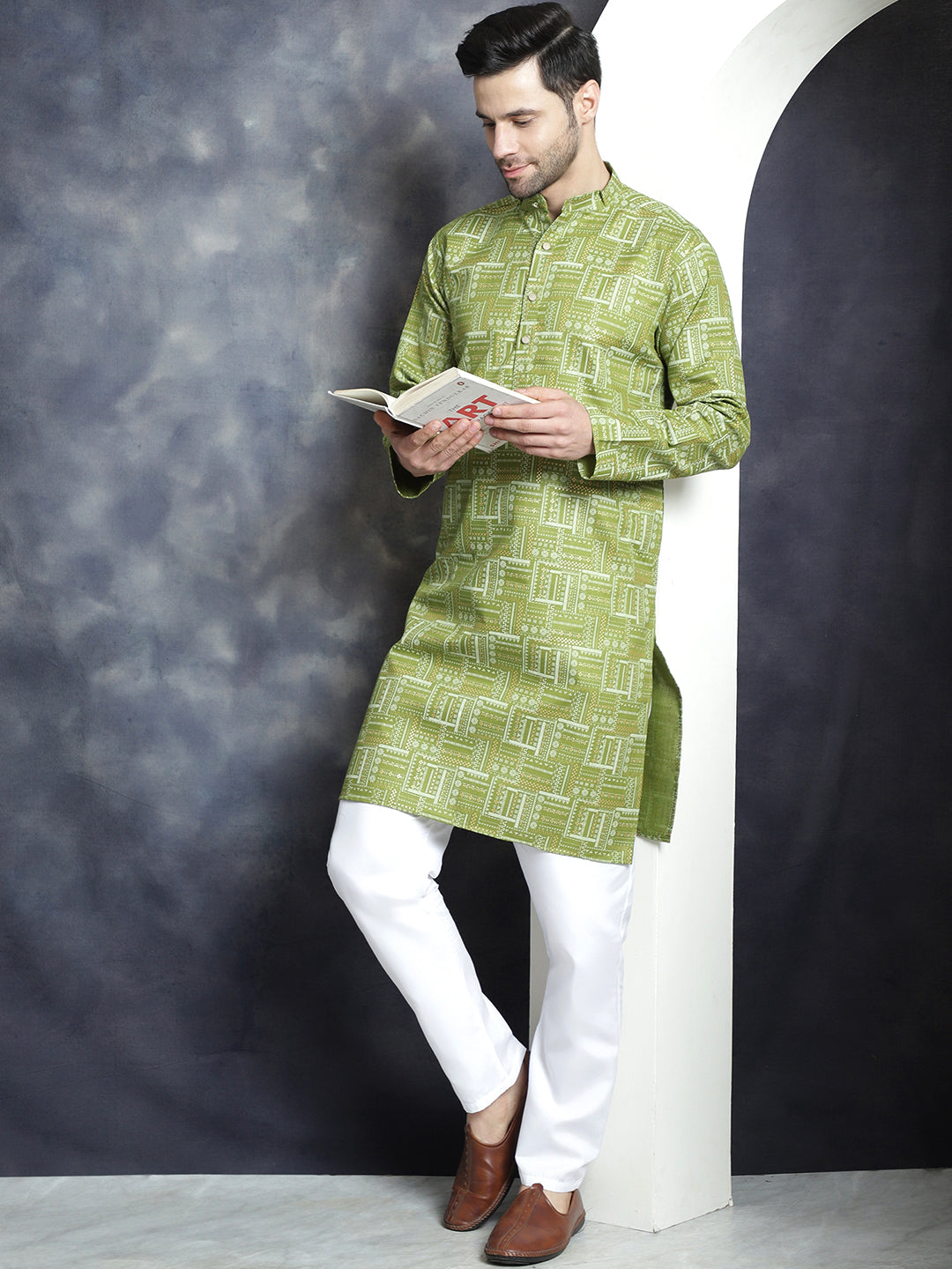 Jompers Men's Printed Kurta - Olive