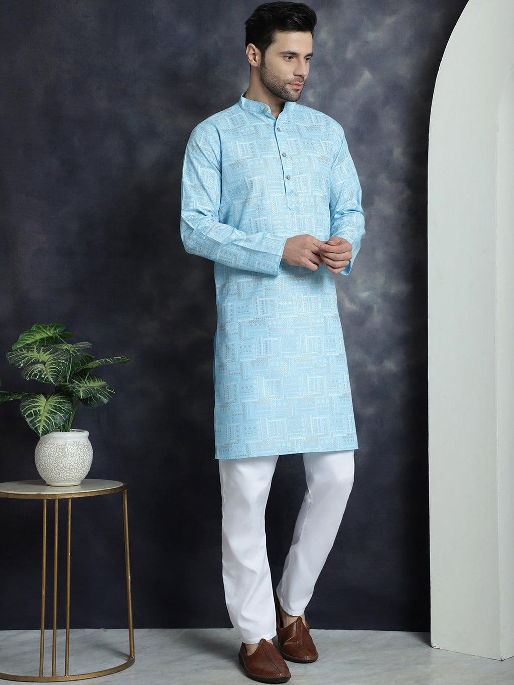 Jompers Men's Printed Kurta - Sky Blue
