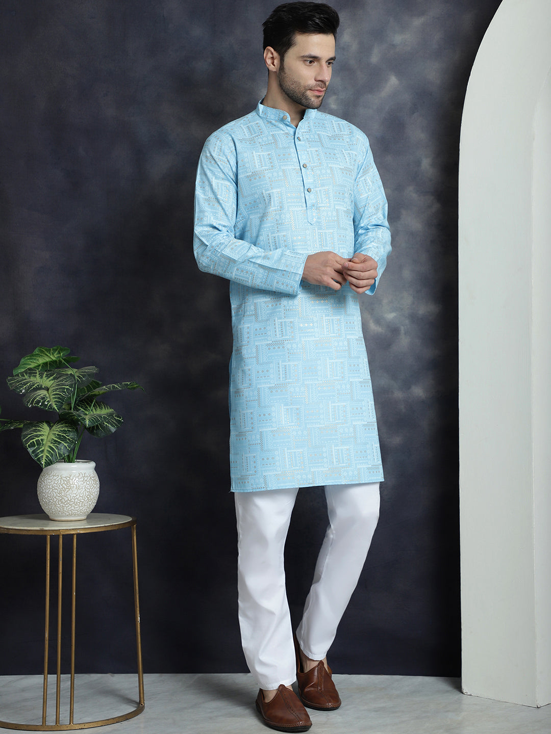 Jompers Men's Printed Kurta - Sky Blue