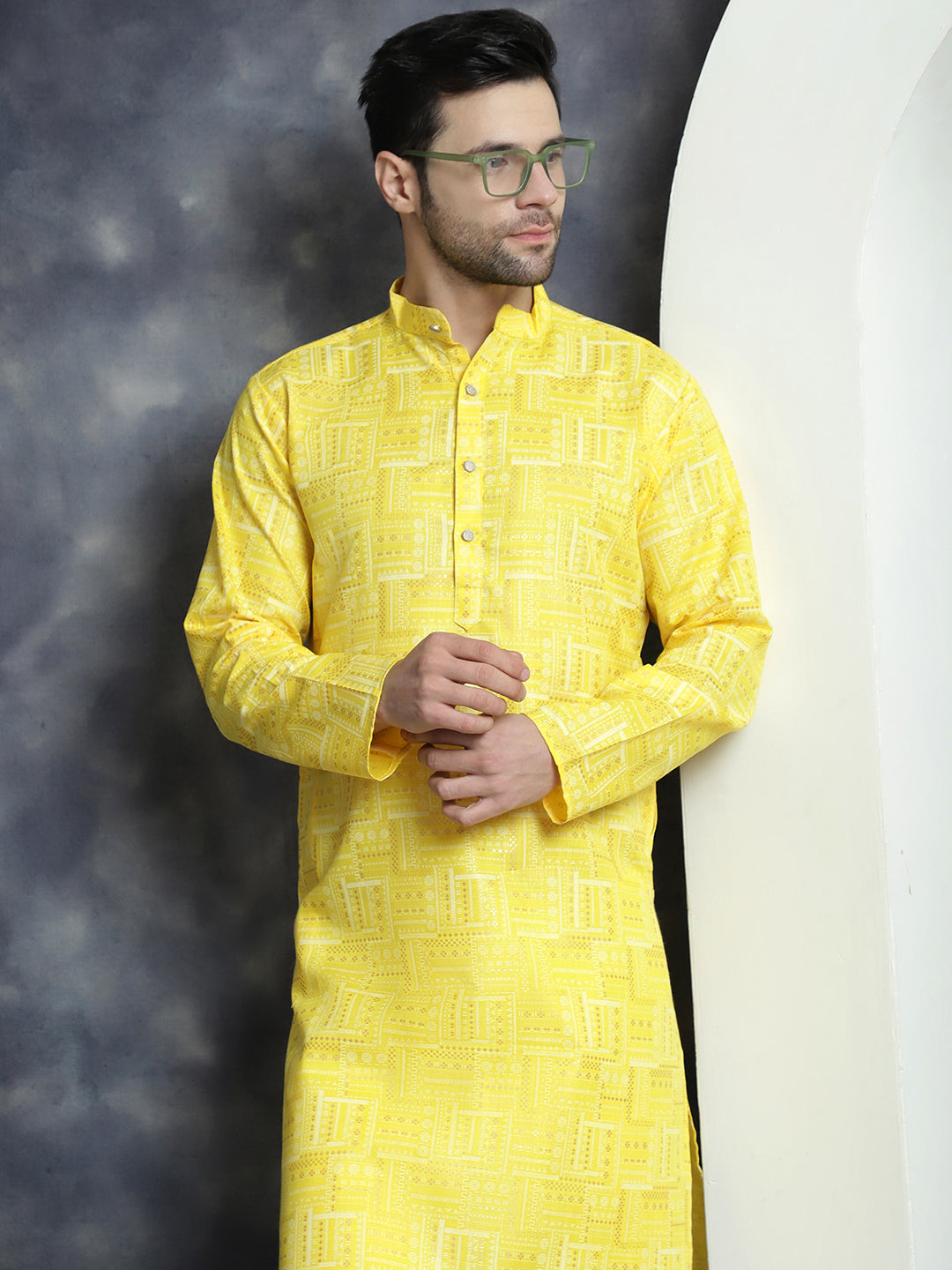 Jompers Men's Printed Kurta - Yellow