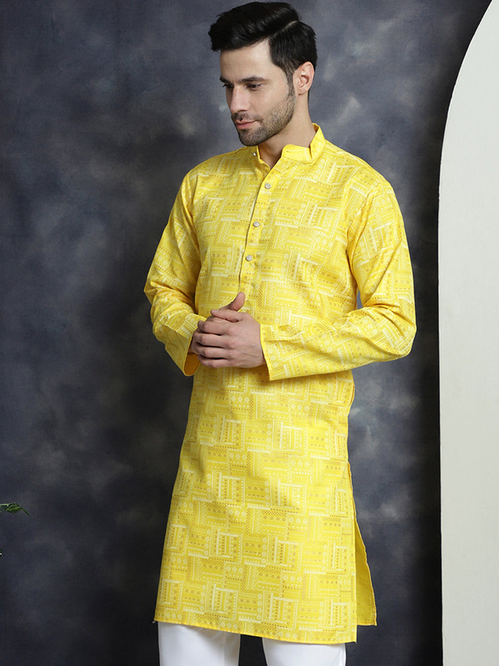 Jompers Men's Printed Kurta - Yellow