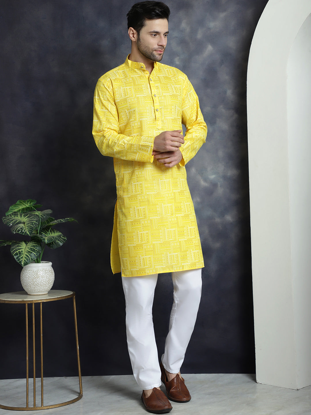 Jompers Men's Printed Kurta - Yellow