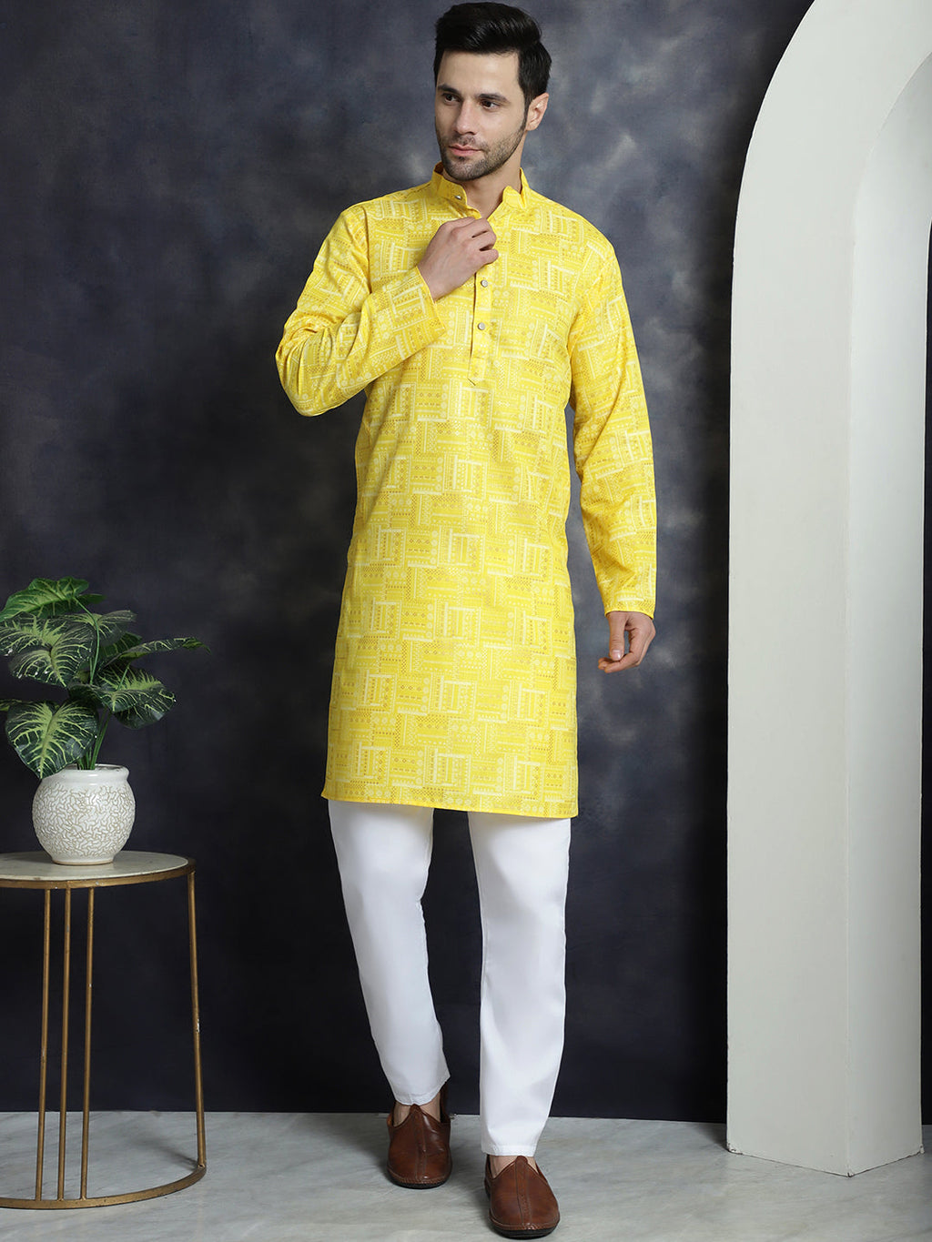 Jompers Men's Printed Kurta - Yellow