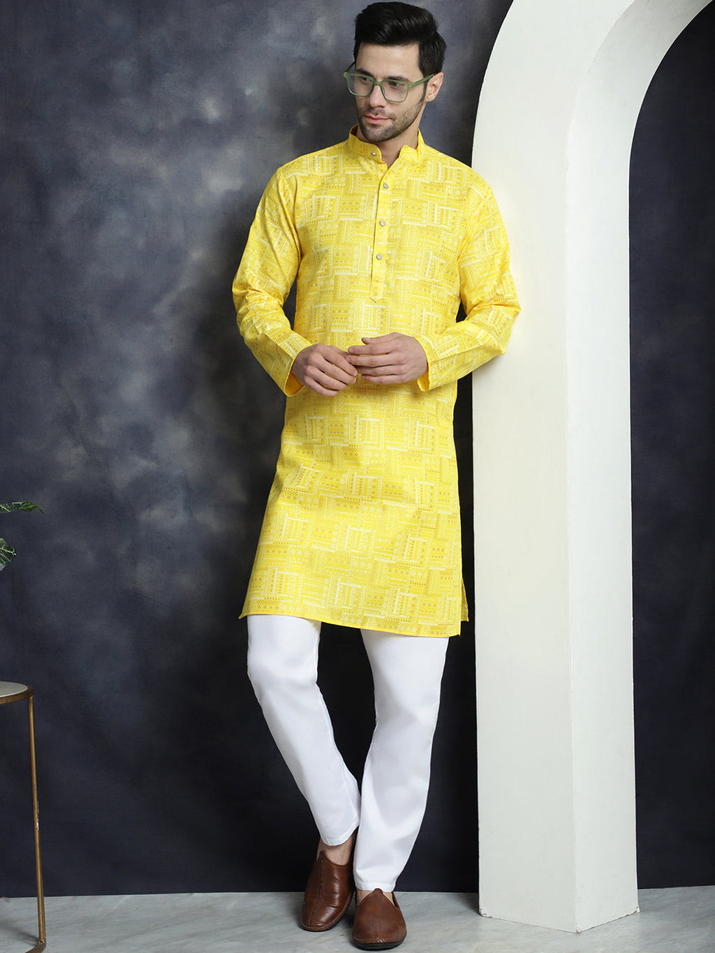 Jompers Men's Printed Kurta - Yellow