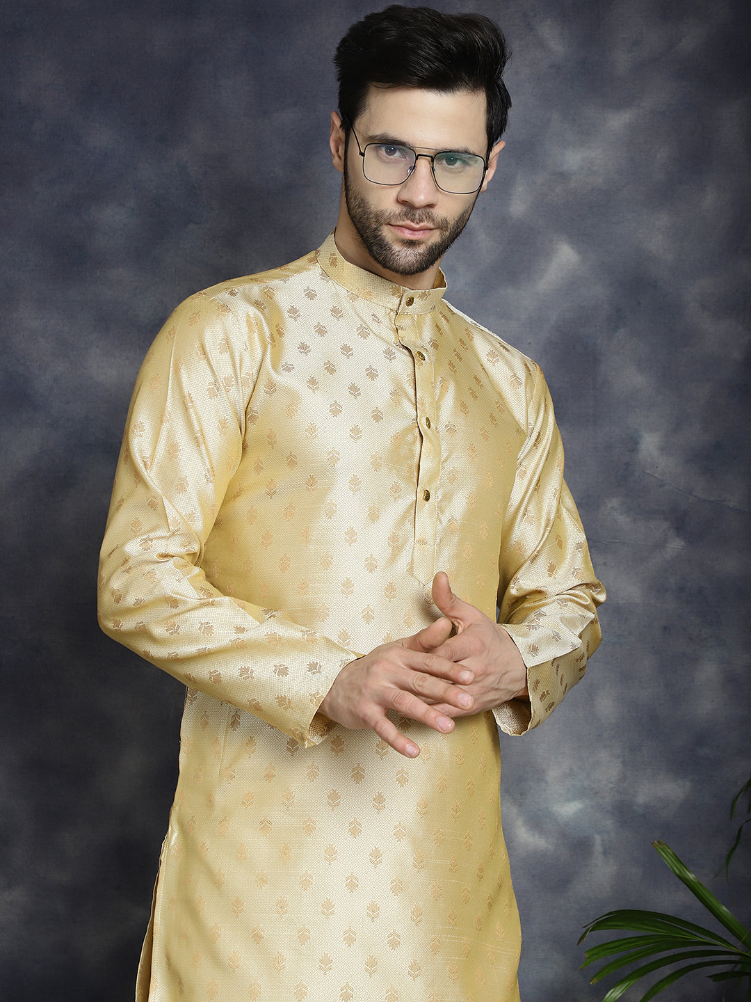 Jompers Men's Woven Design Silk Blend Kurta - Golden