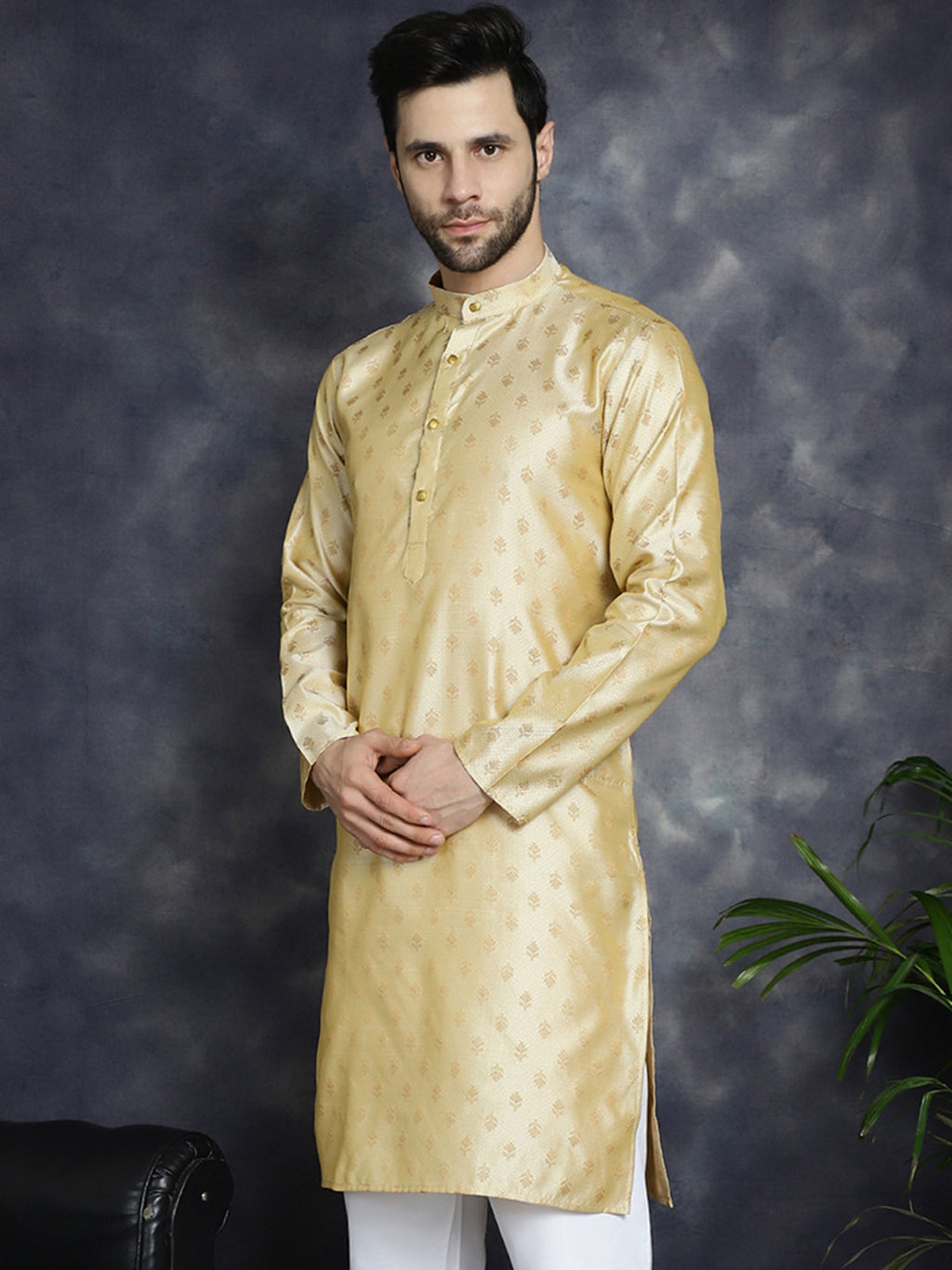Jompers Men's Woven Design Silk Blend Kurta - Golden