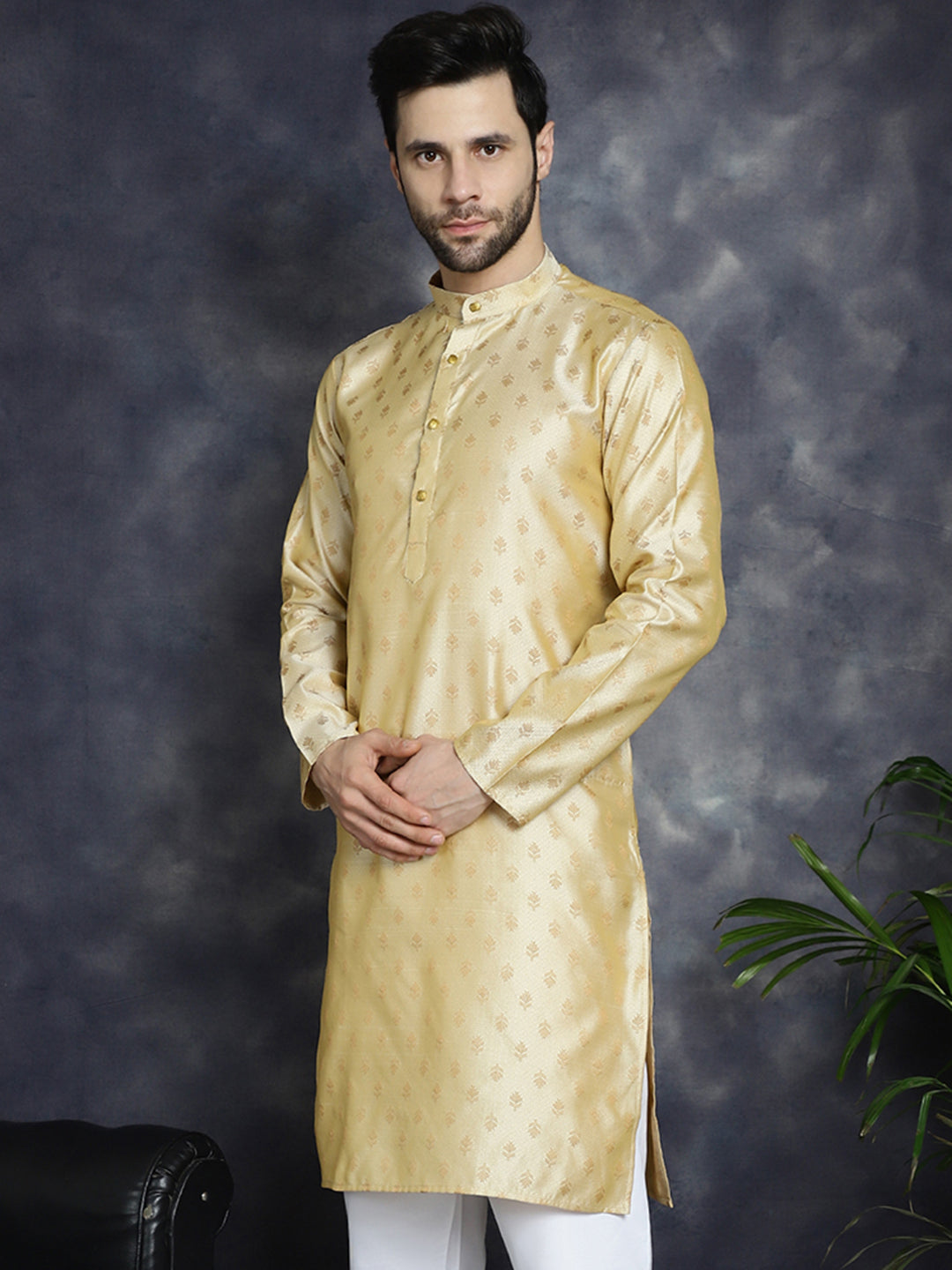 Jompers Men's Woven Design Silk Blend Kurta - Golden
