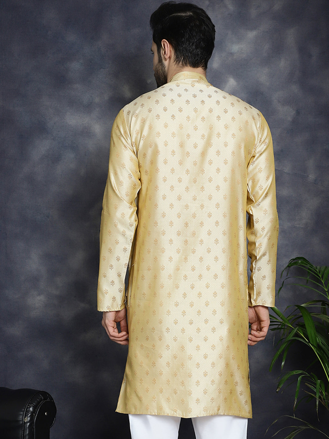 Jompers Men's Woven Design Silk Blend Kurta - Golden