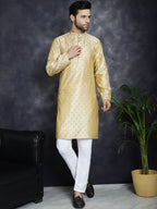 Jompers Men's Woven Design Silk Blend Kurta - Golden