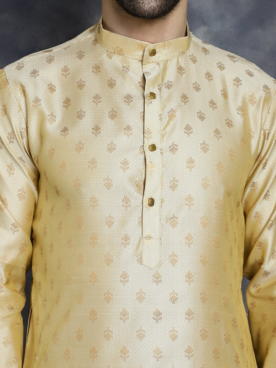 Jompers Men's Woven Design Silk Blend Kurta - Golden