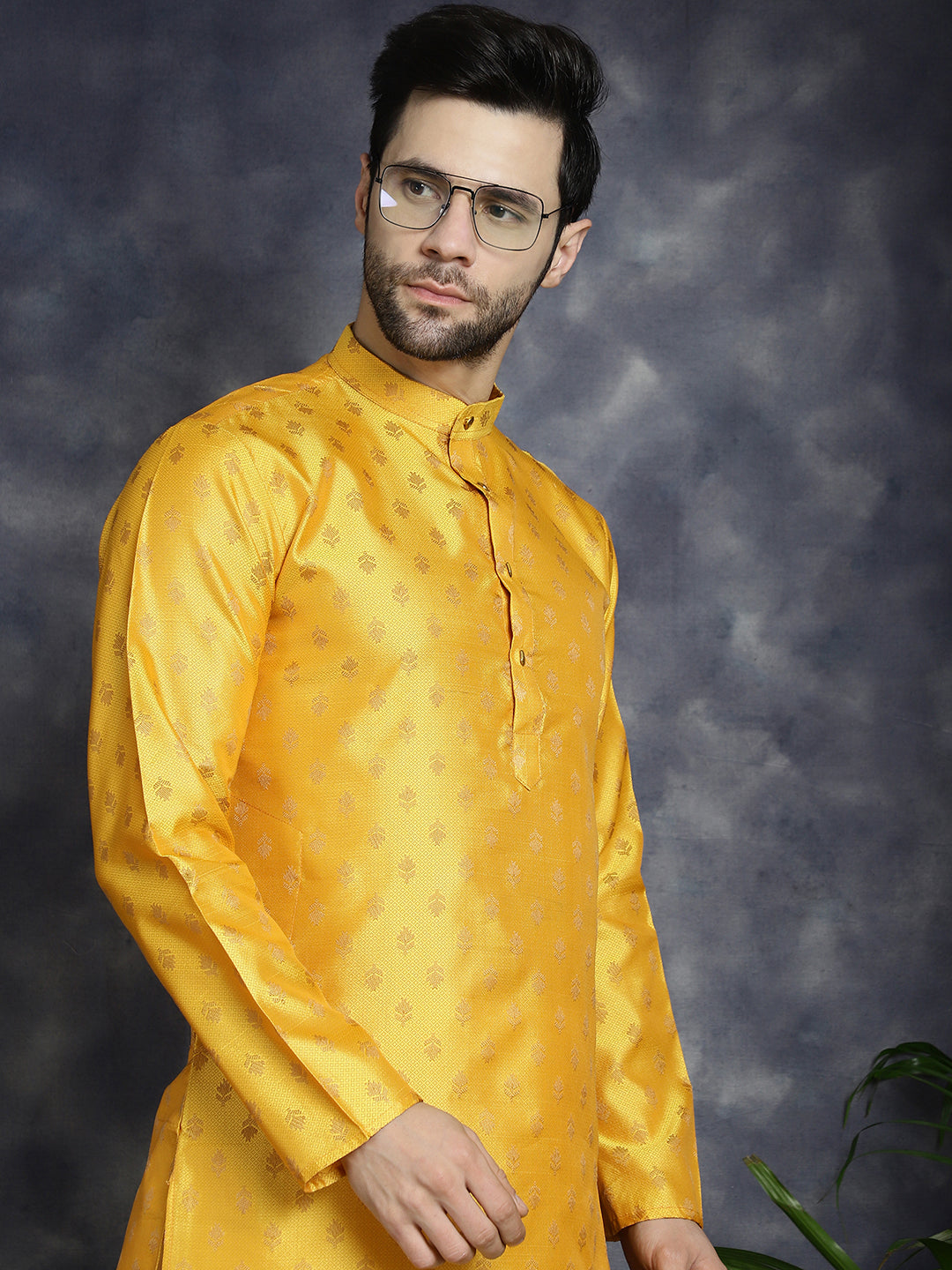 Jompers Men's Woven Design Silk Blend Kurta - Mustard
