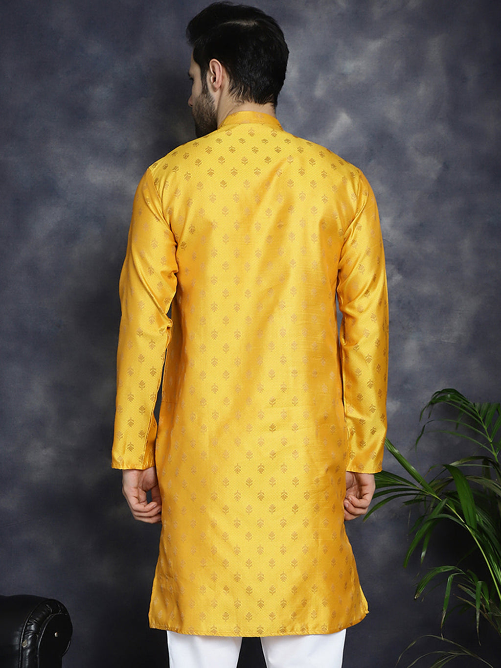 Jompers Men's Woven Design Silk Blend Kurta - Mustard