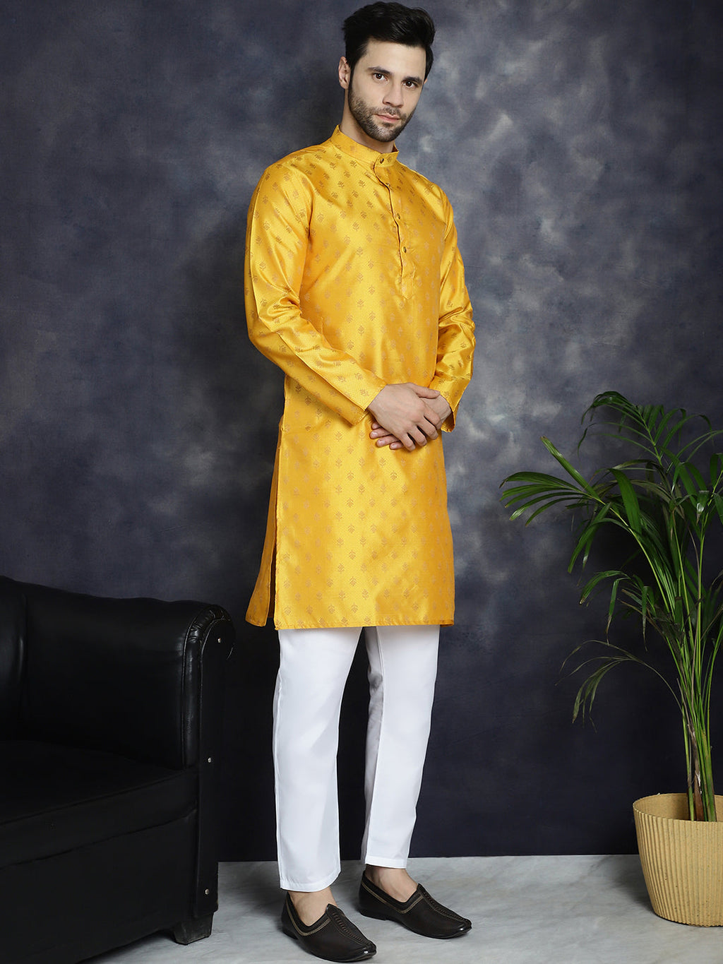 Jompers Men's Woven Design Silk Blend Kurta - Mustard