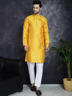 Jompers Men's Woven Design Silk Blend Kurta - Mustard