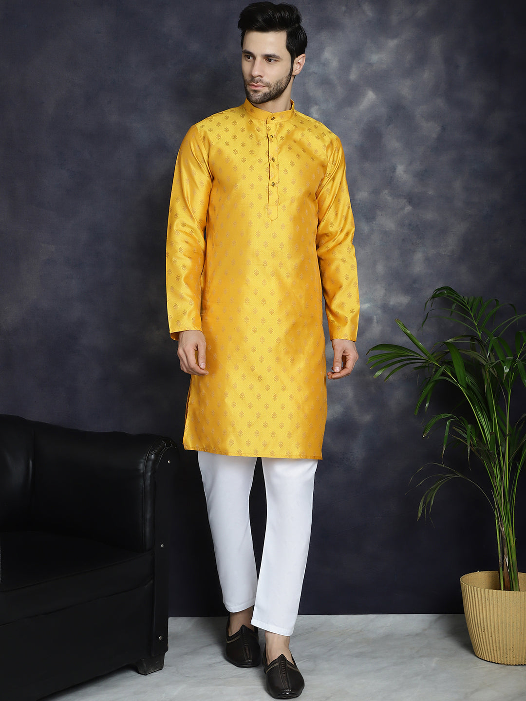 Jompers Men's Woven Design Silk Blend Kurta - Mustard