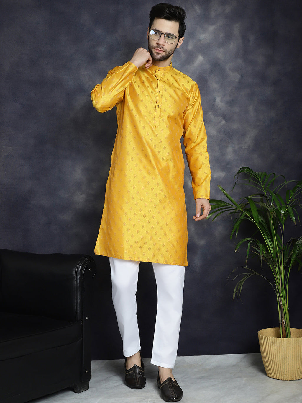 Jompers Men's Woven Design Silk Blend Kurta - Mustard