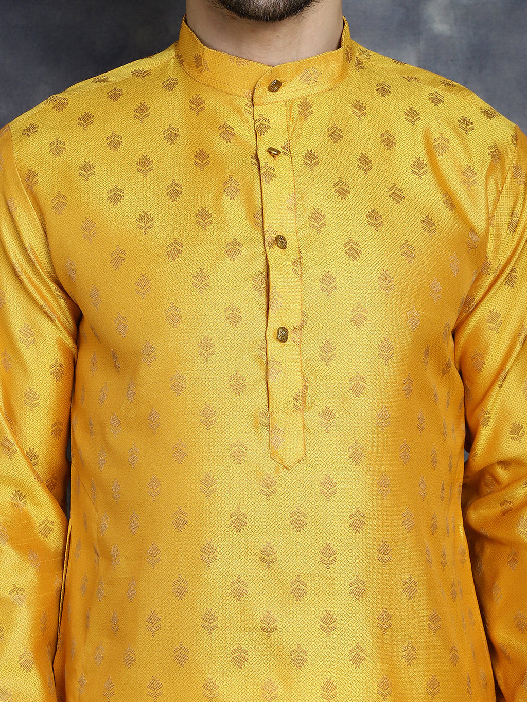 Jompers Men's Woven Design Silk Blend Kurta - Mustard