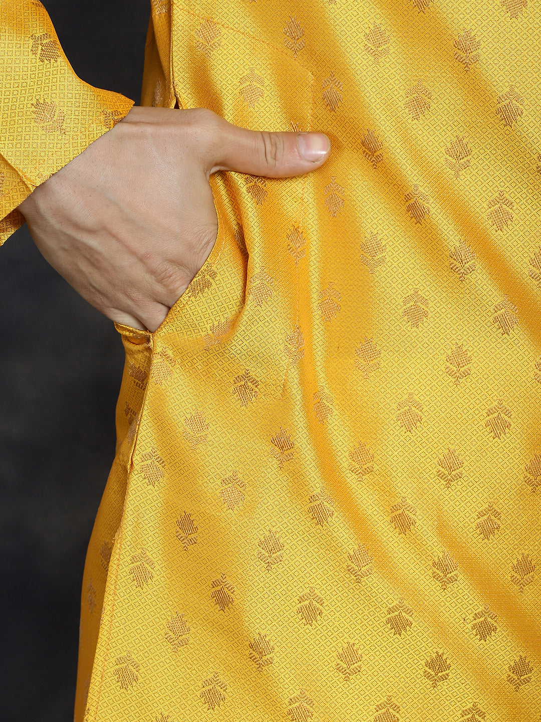 Jompers Men's Woven Design Silk Blend Kurta - Mustard