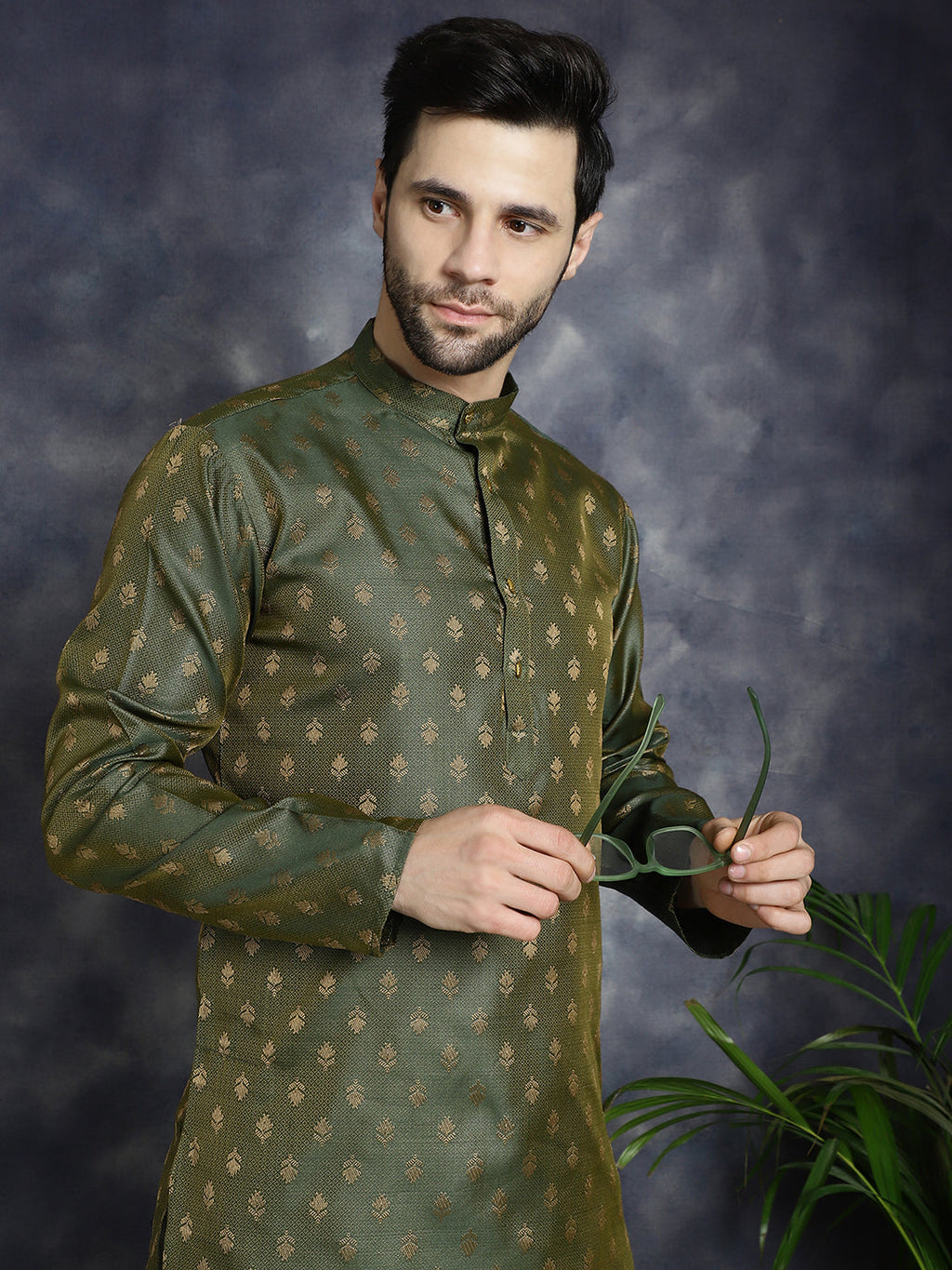 Jompers Men's Woven Design Silk Blend Kurta - Olive