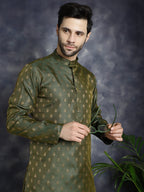 Jompers Men's Woven Design Silk Blend Kurta - Olive