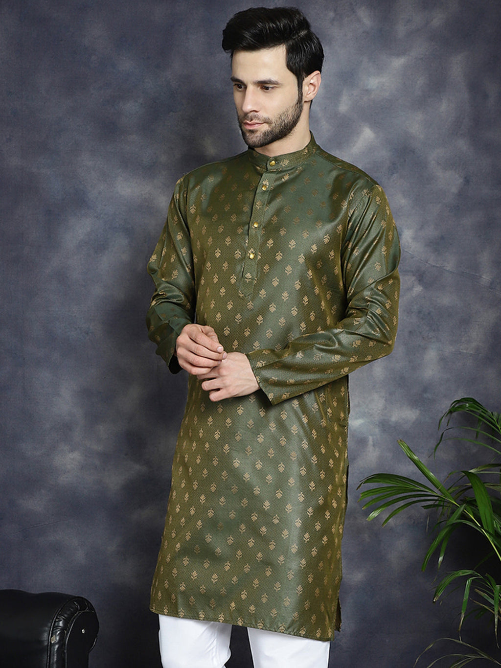 Jompers Men's Woven Design Silk Blend Kurta - Olive