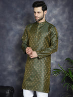 Jompers Men's Woven Design Silk Blend Kurta - Olive