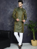 Jompers Men's Woven Design Silk Blend Kurta - Olive