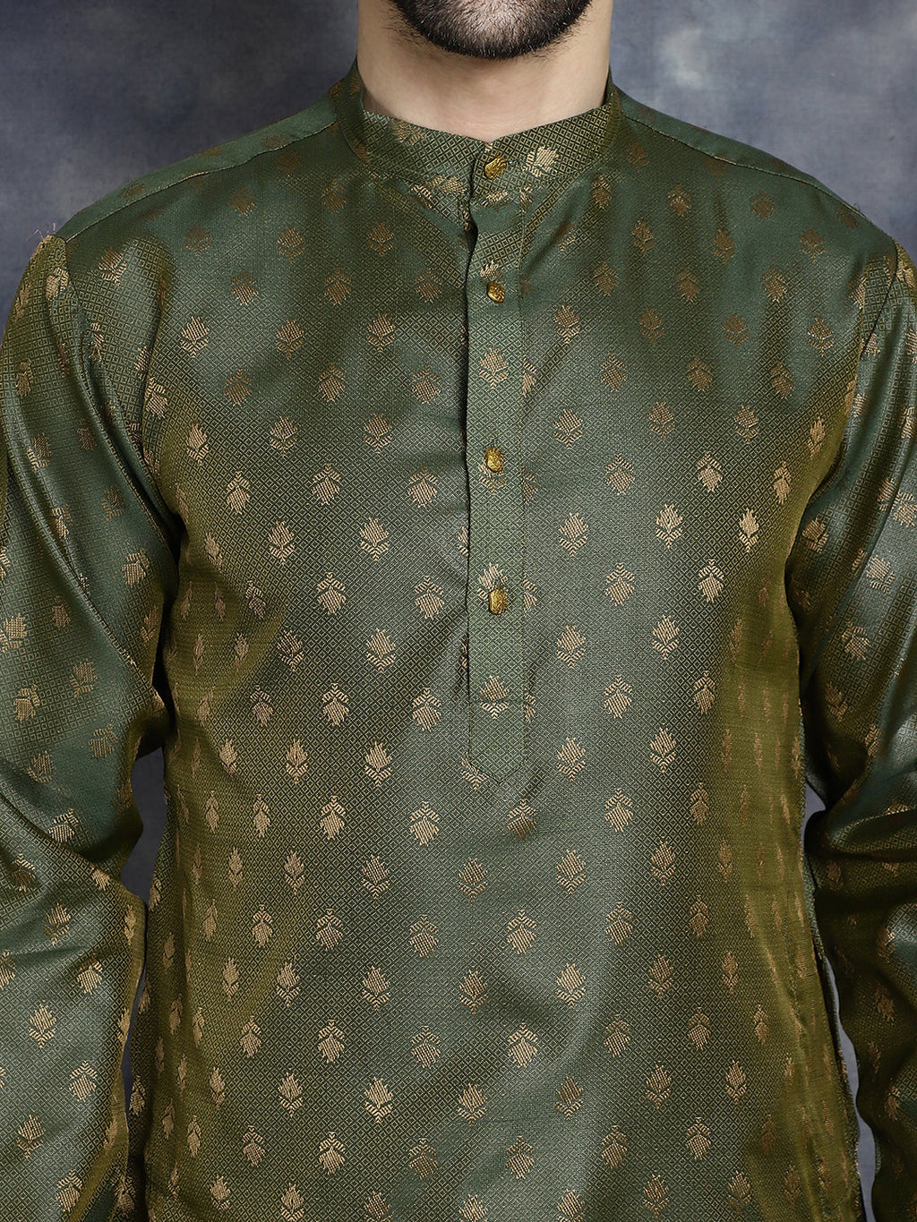 Jompers Men's Woven Design Silk Blend Kurta - Olive