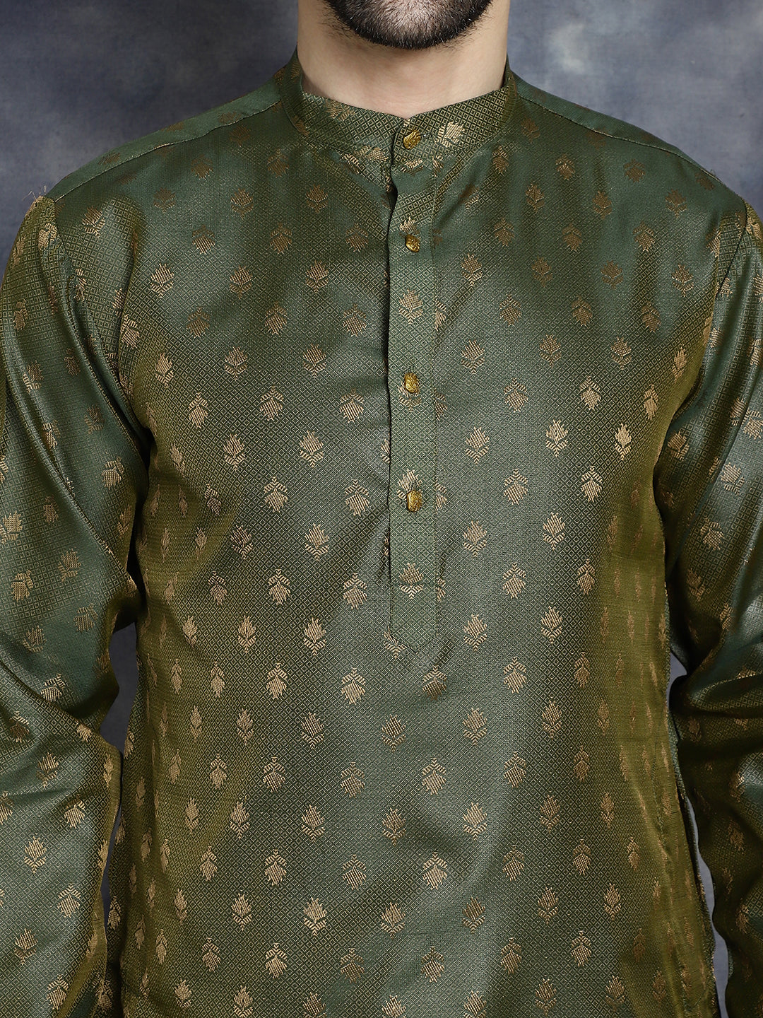 Jompers Men's Woven Design Silk Blend Kurta - Olive
