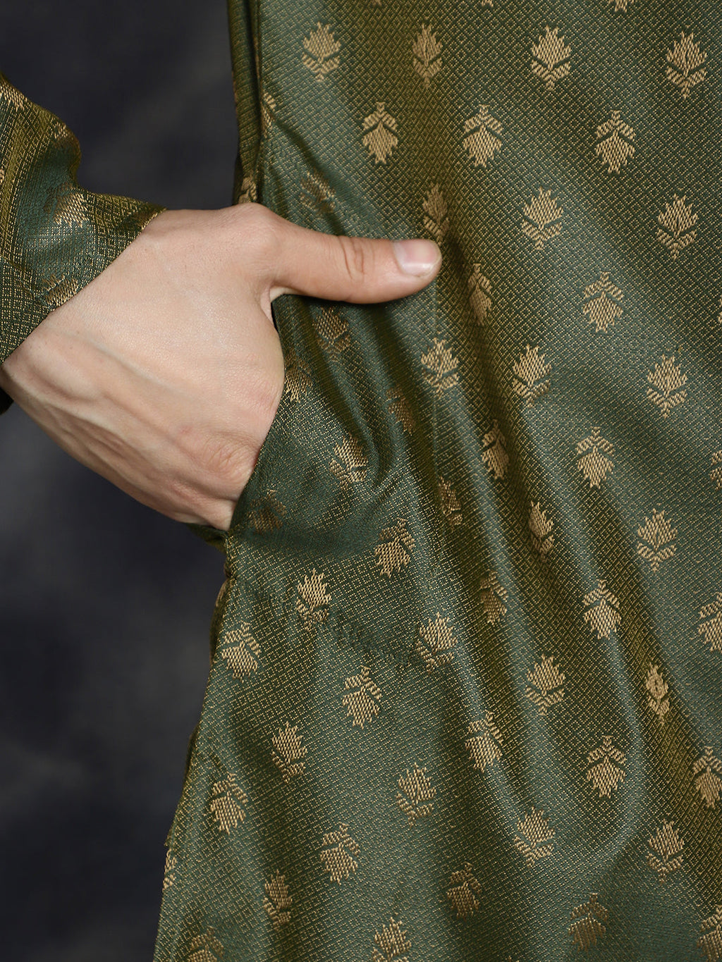 Jompers Men's Woven Design Silk Blend Kurta - Olive