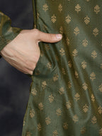 Jompers Men's Woven Design Silk Blend Kurta - Olive
