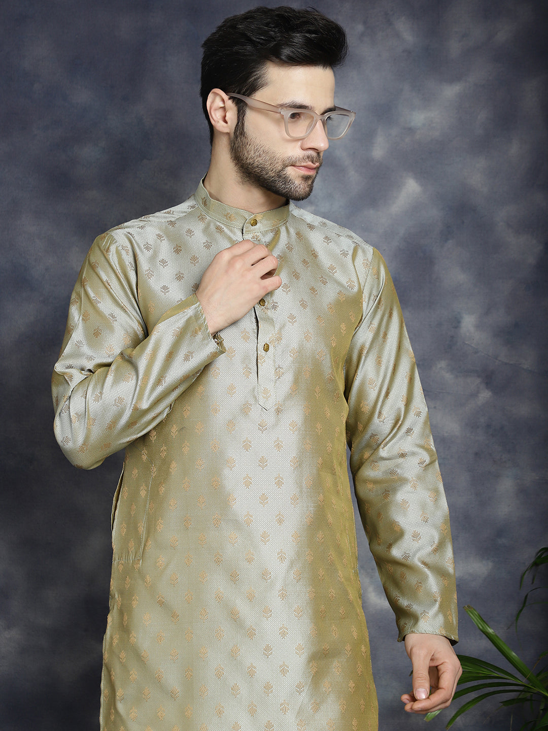 Jompers Men's Woven Design Silk Blend Kurta - Pista
