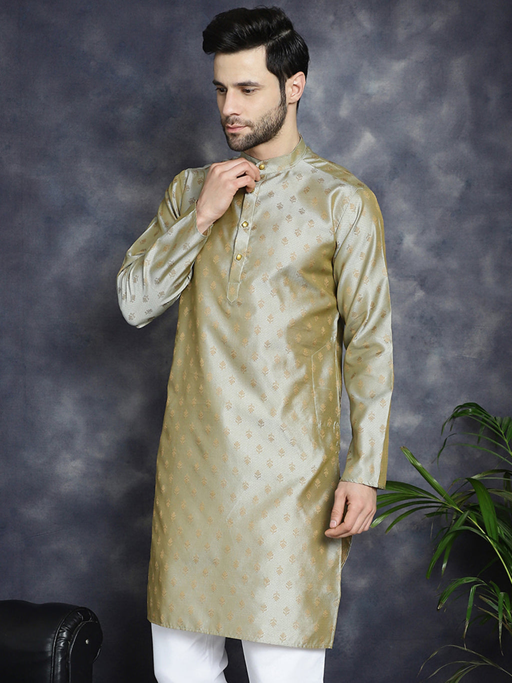 Jompers Men's Woven Design Silk Blend Kurta - Pista