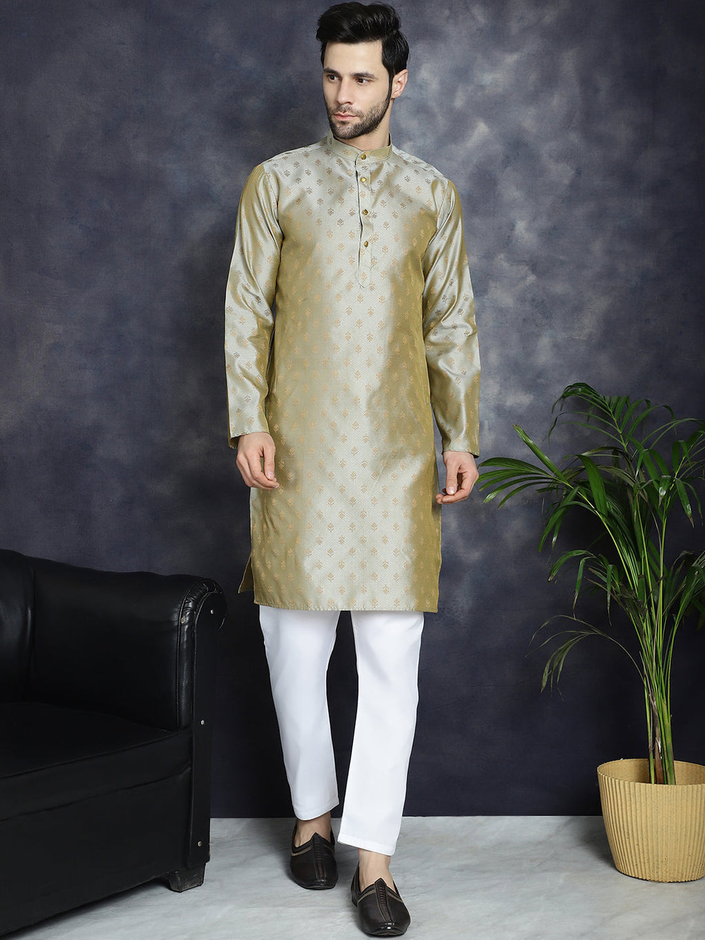 Jompers Men's Woven Design Silk Blend Kurta - Pista