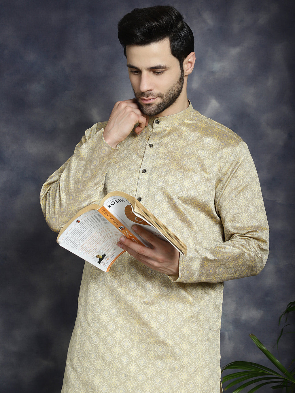 Jompers Men's Beige Woven Design Kurta - Beige