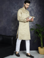 Jompers Men's Beige Woven Design Kurta - Beige