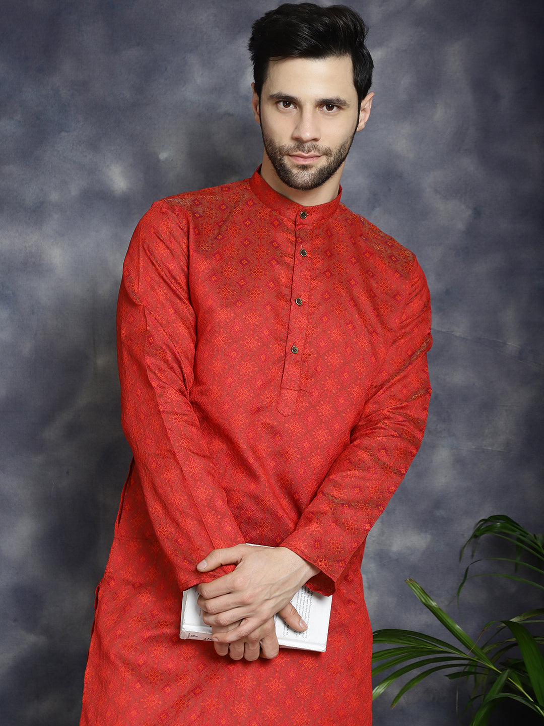 Jompers Men's Red Woven Design Kurta - Red
