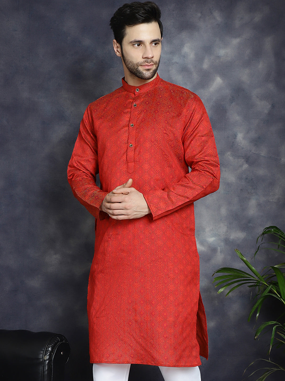 Jompers Men's Red Woven Design Kurta - Red