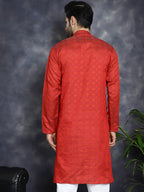 Jompers Men's Red Woven Design Kurta - Red