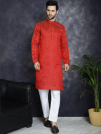 Jompers Men's Red Woven Design Kurta - Red